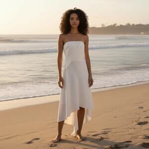 Amsale Asymmetrical strapless satin midi Elegant White Draped Dress size 12.